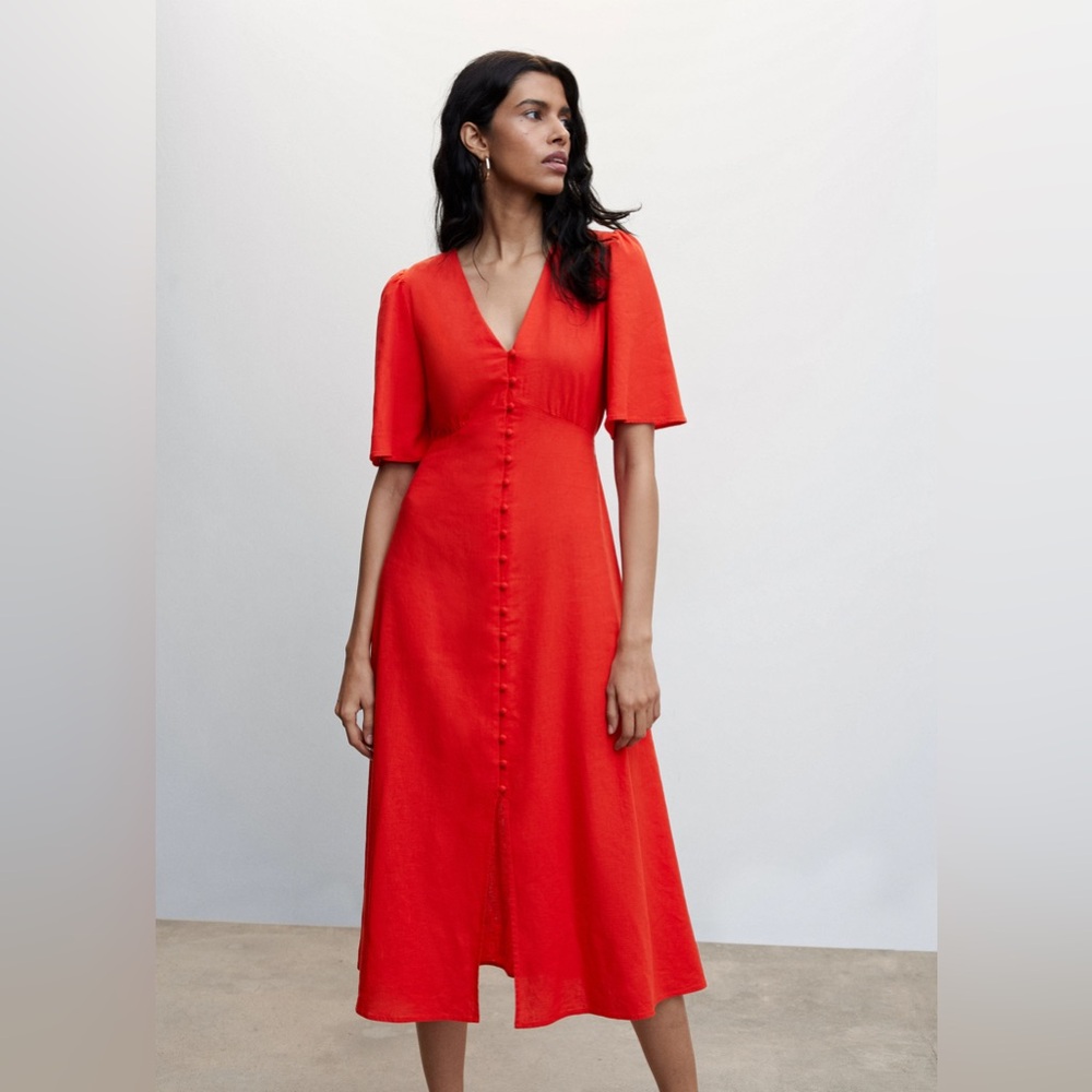 EUC Mango linen-blend button midi dress in red, sz XS/2